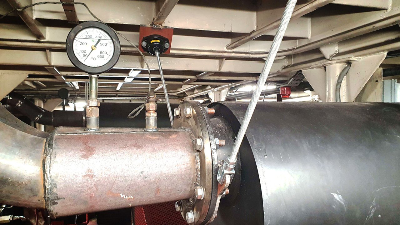Pipe suspension and silencer on the ferry Merkurius. Suspended with our all metal VTCI mounts for vibration isolation.