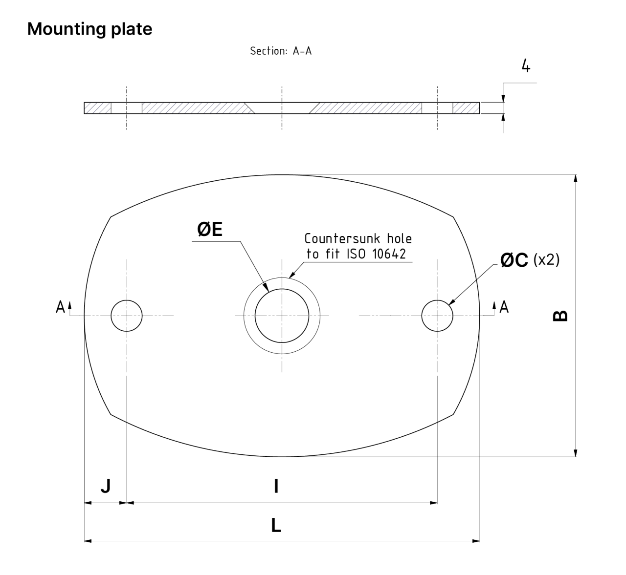 A technical drawing of the mounting plate for the spring isolator VT4413 and VT4423