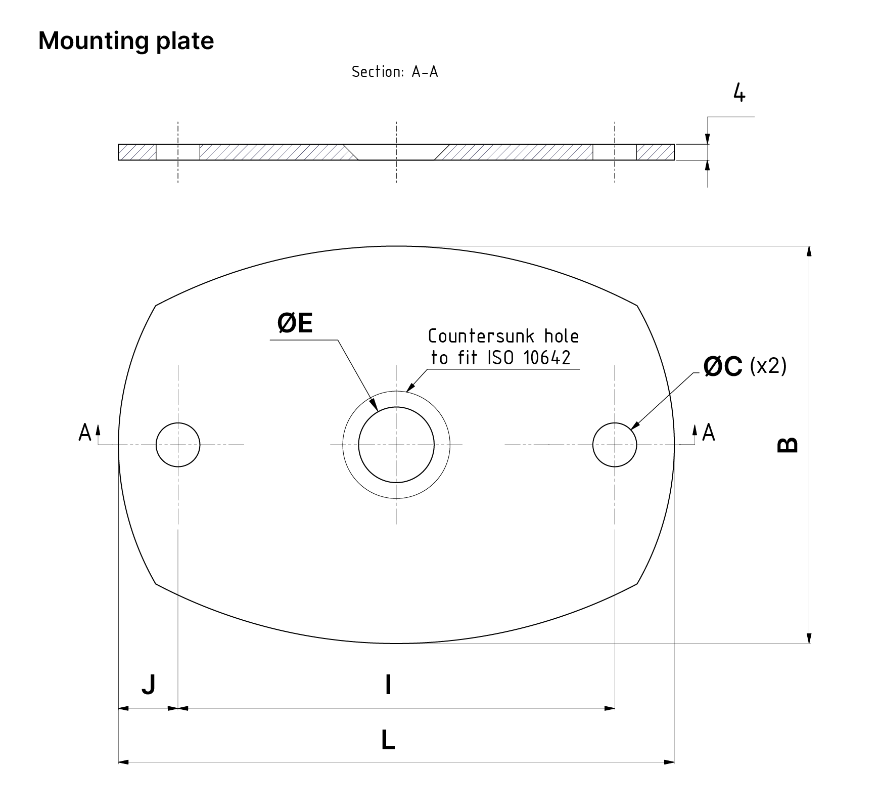 Tekninen piirustus jousieristimen VT4413 ja VT4423 kiinnityslevystä.