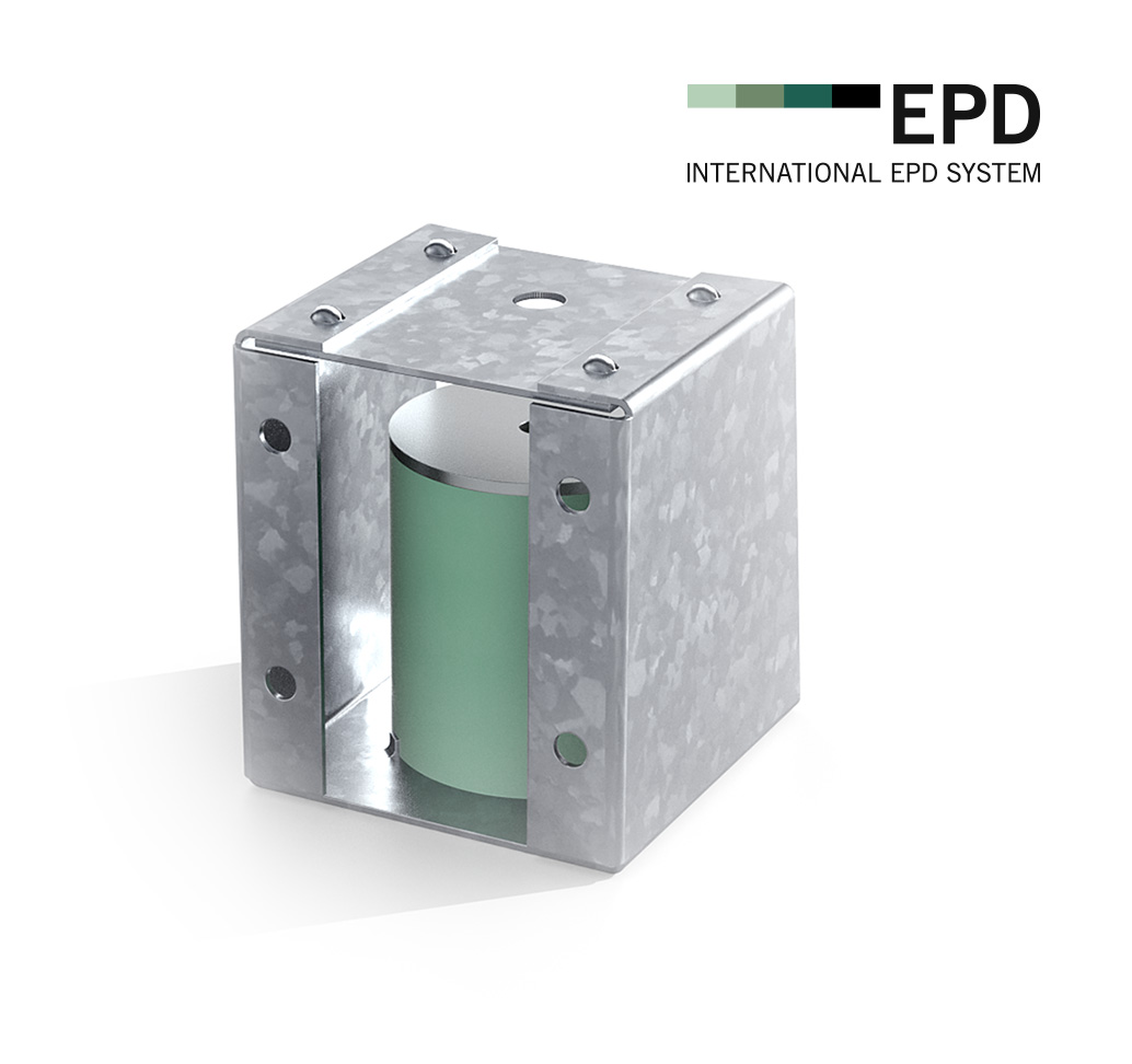 Acoustic ceiling hanger VT-MCH. Suspends equipment or other installations and reduces vibrations and structure borne noise. An EPD-certified product.