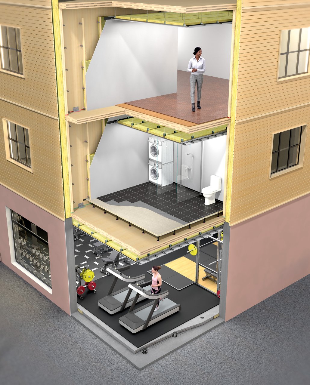 En illustration av en flervåningsbyggnad med produkter från Vibratec för att minska vibrationer och buller