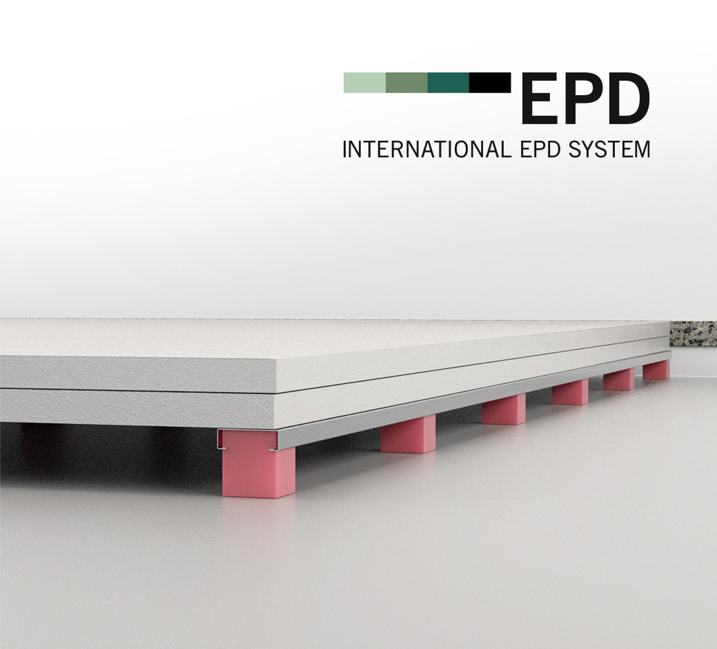 An acoustic floor system VT-BAT. 50mm Regufoam 570+ pads and two layers of cement fibre boards make up this floor construction. An EPD-certified product.