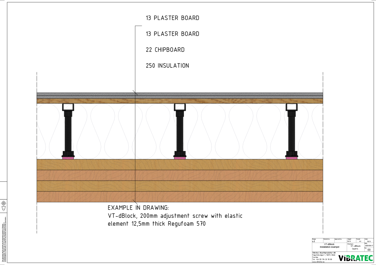 This drawing shows an example of a CLT structure with a VT-dBlock floor system with a total height of 313 mm including the floorboards.