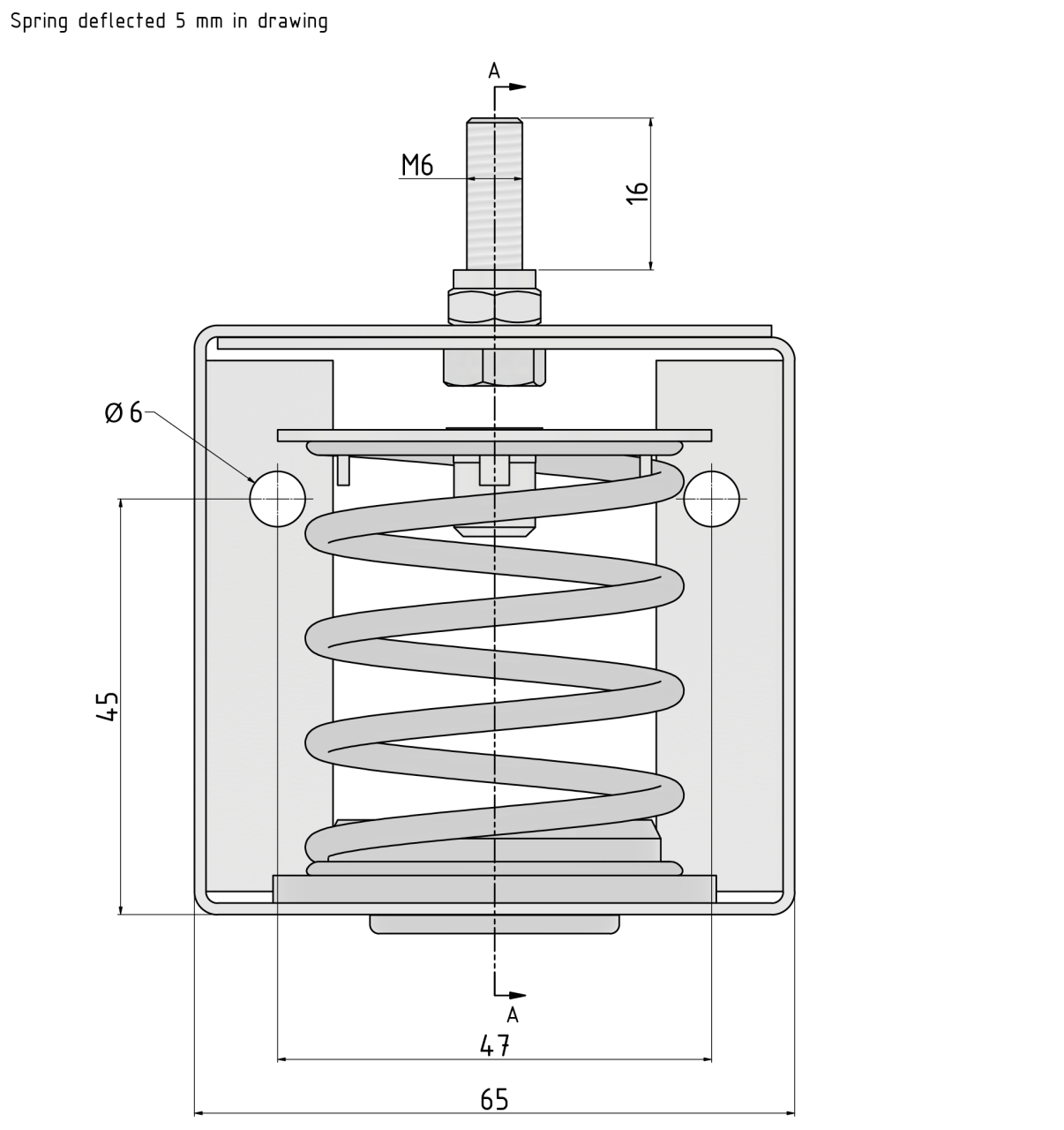 Front view technical drawing of Vibratec's ceiling hanger VT-MSH. A spring isolator with a natural frquency between 4-5 Hz.
