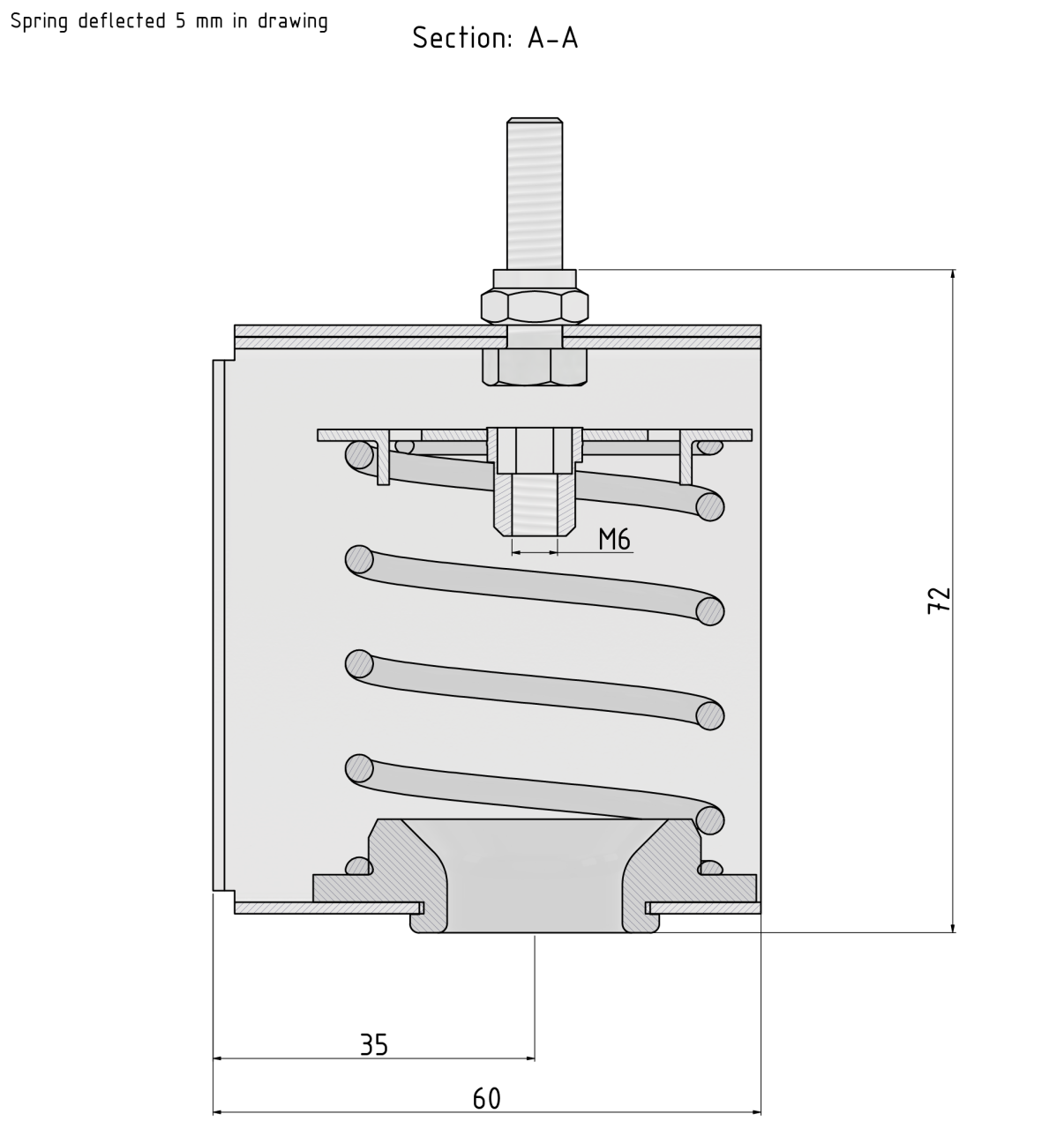 Section A-A technical drawing of Vibratec's ceiling hanger VT-MSH. A spring isolator with a natural frquency between 4-5 Hz.