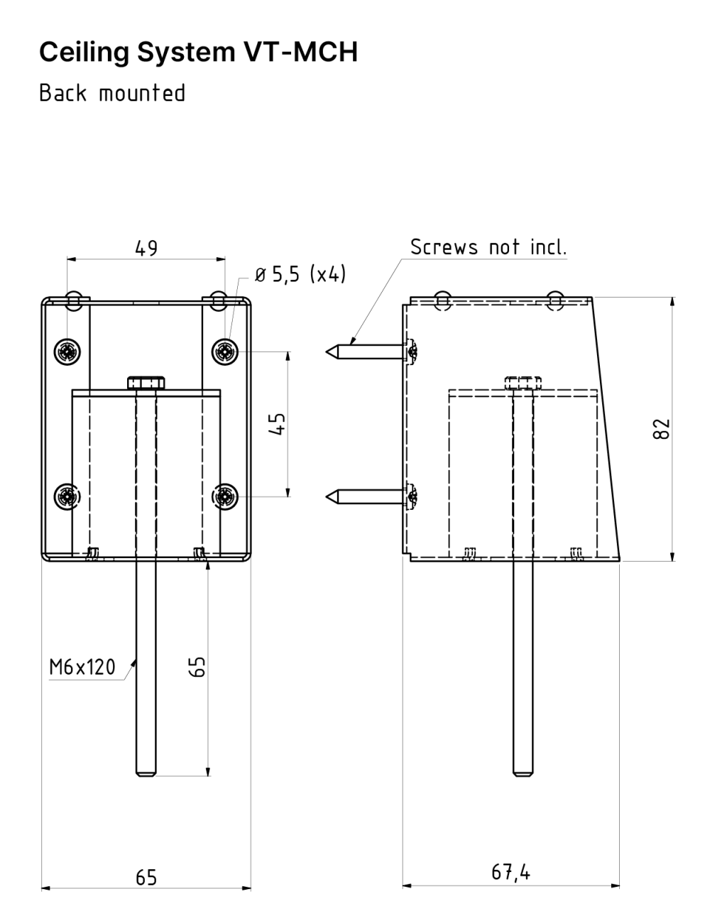 Technical drawing of the suspended Ceiling System VT-MCH from Vibratec