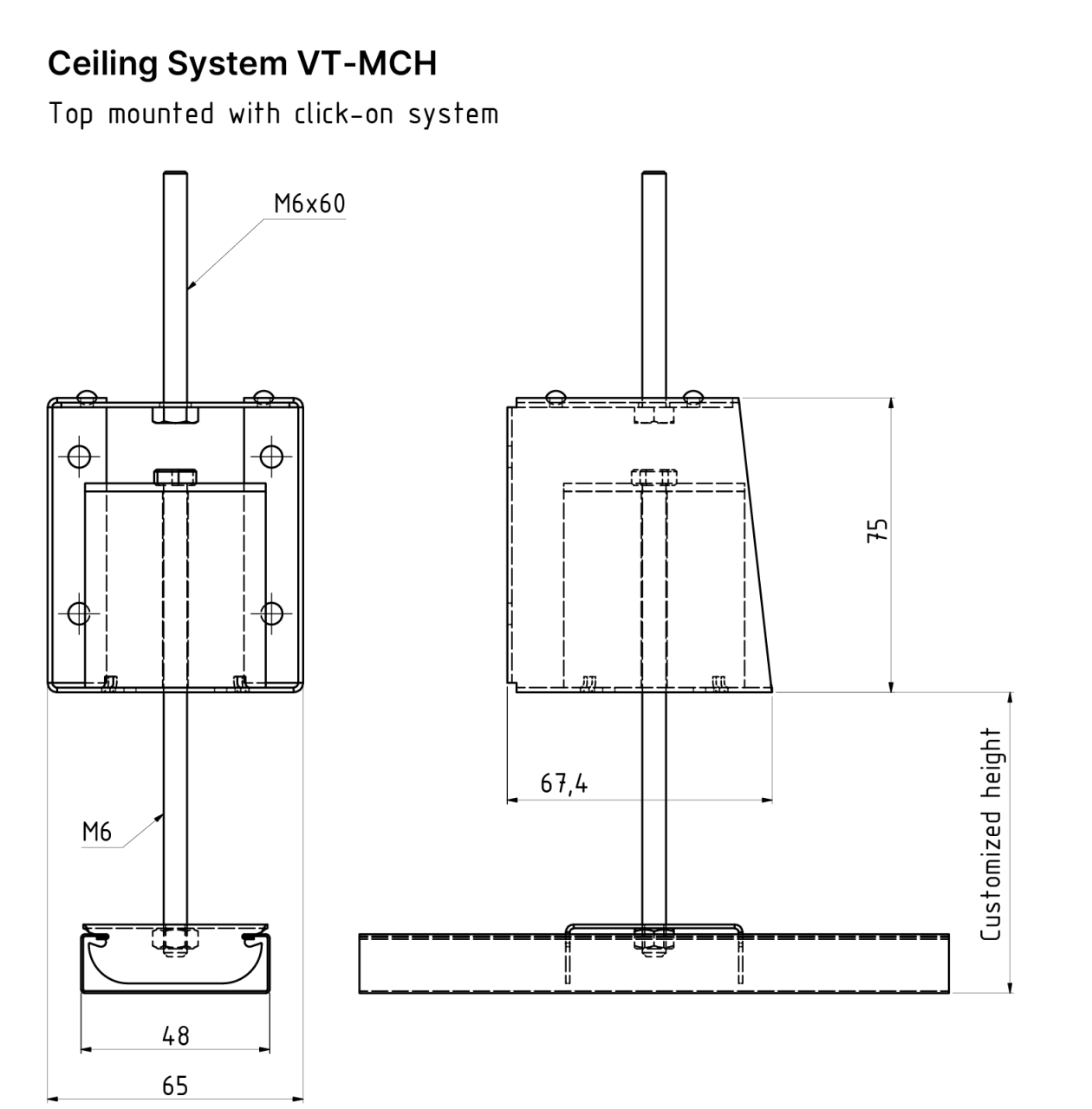 Technical drawing of the suspended Ceiling System VT-MCH from Vibratec