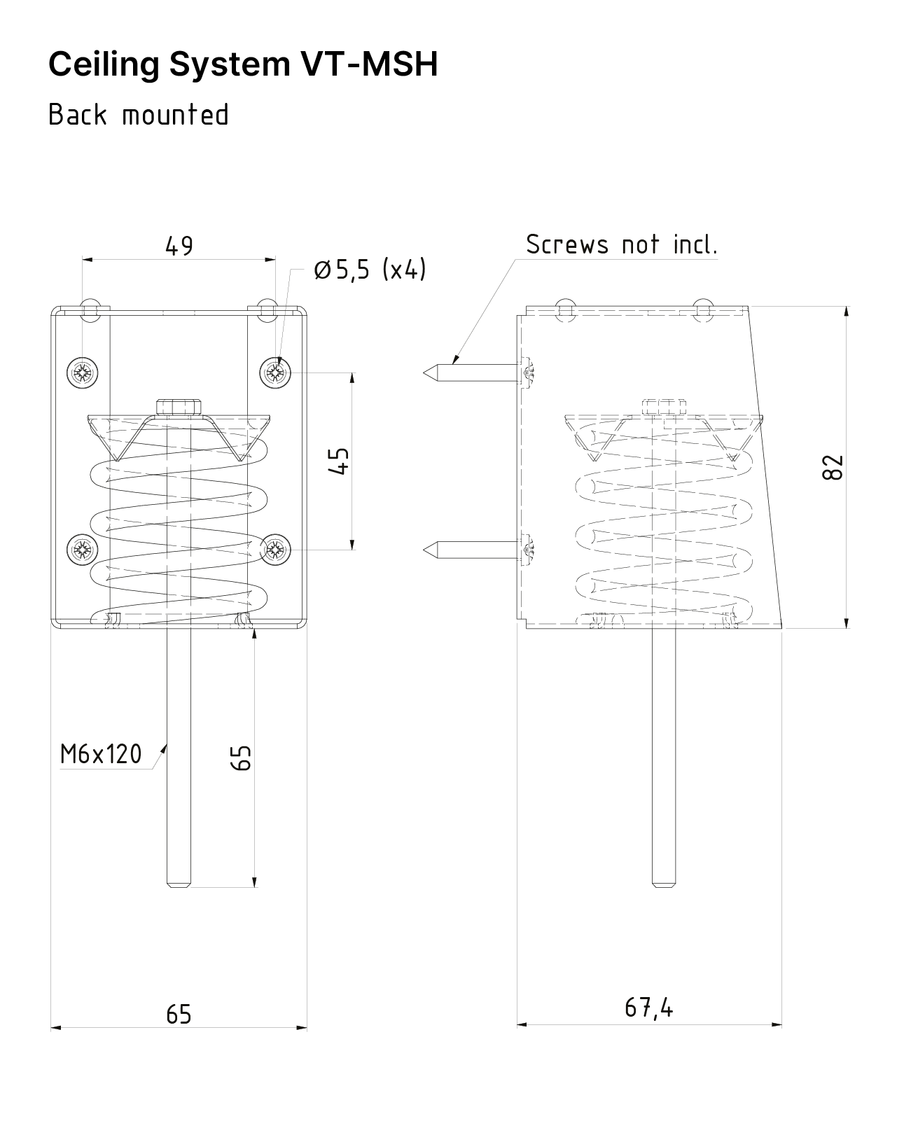 Technical drawing of the suspended Ceiling System VT-MSH from Vibratec. This system has a spring isolator.