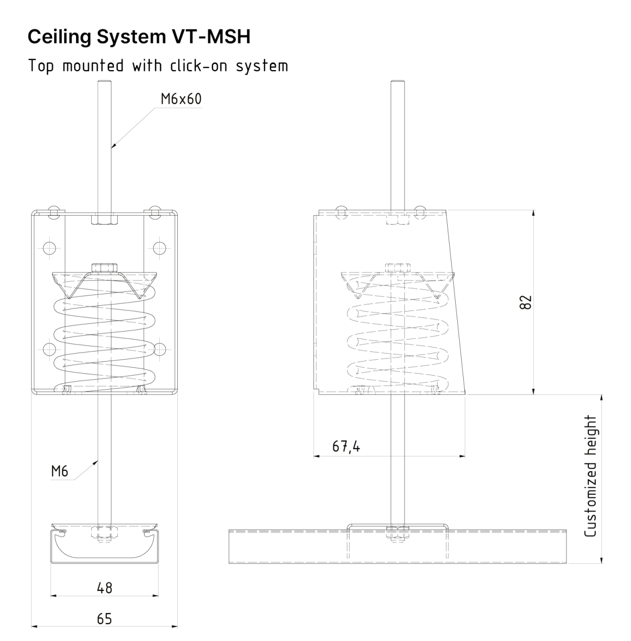 Technical drawing of the suspended Ceiling System VT-MSH from Vibratec. This system has a spring isolator.