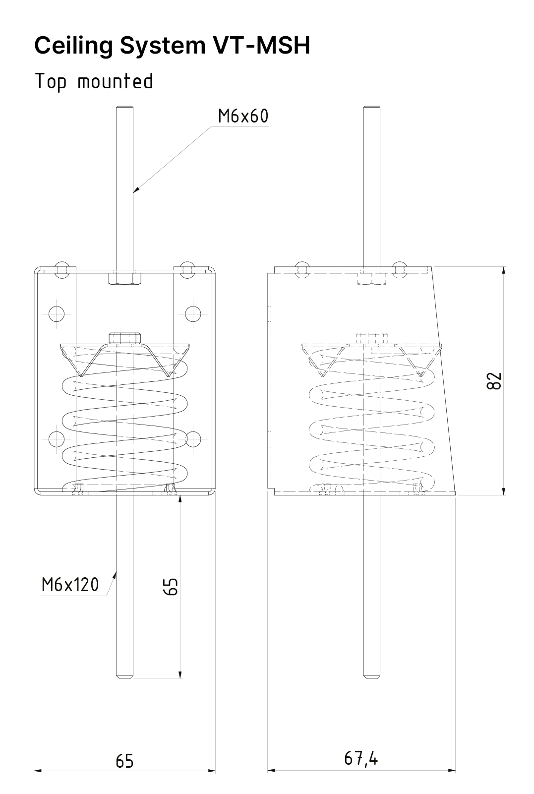 Technical drawing of the suspended Ceiling System VT-MSH from Vibratec. This system has a spring isolator.