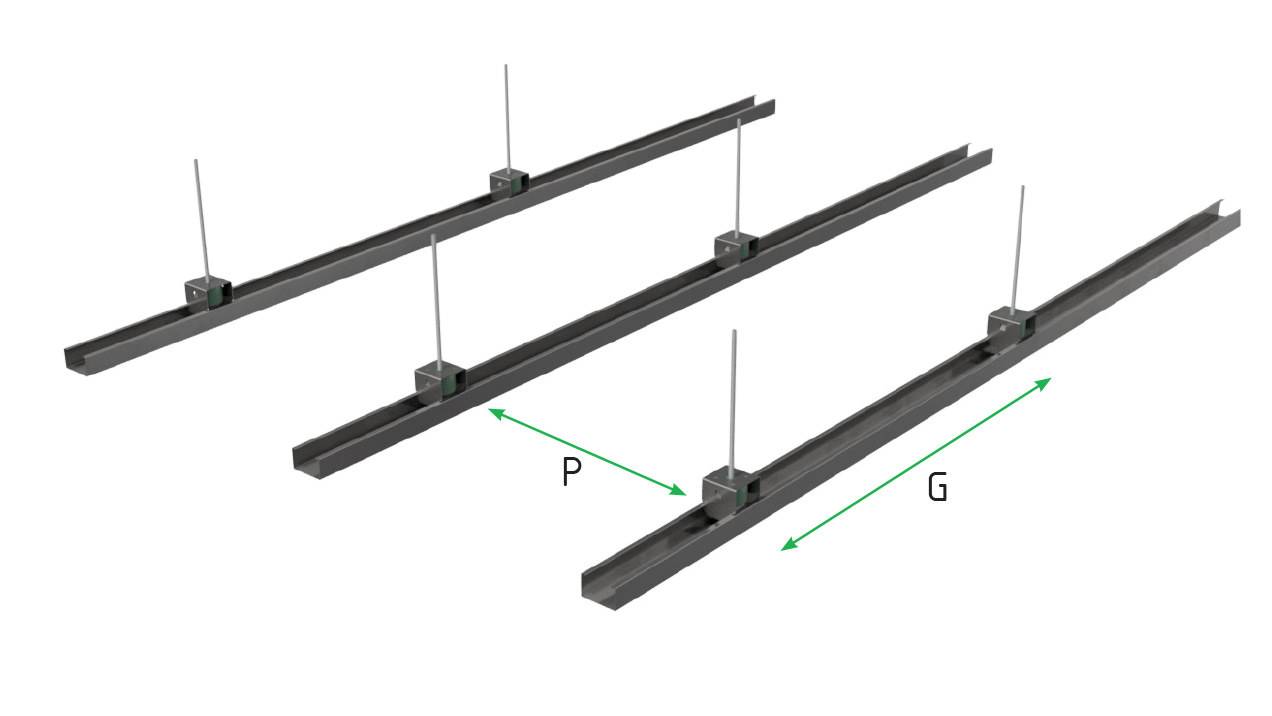 An illustration to explain the distance between the hangers supporting the aluminum batons (G) and the distance between the batons (P)