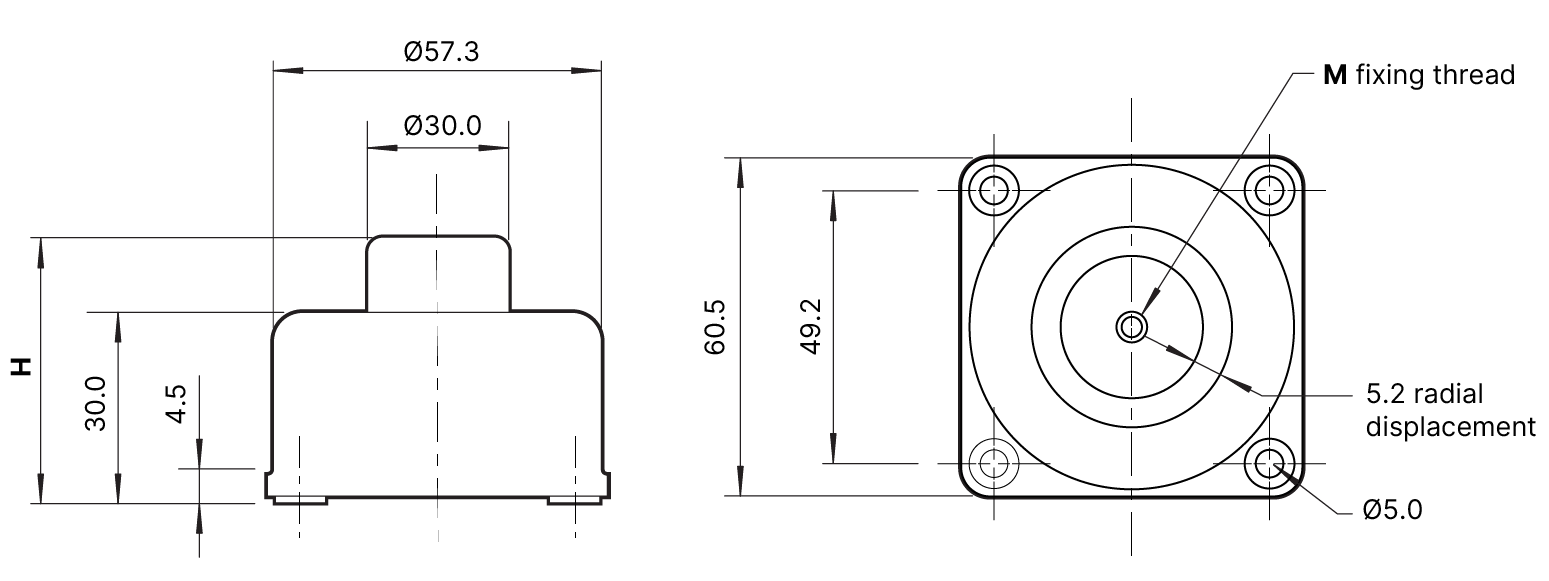 The technical drawing for the spring isolator 7002, showing the measurements and also the fixing thread.