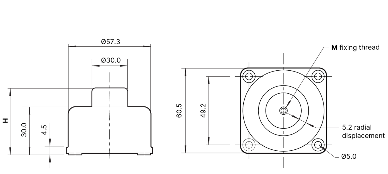 The technical drawing for the spring isolator 7002, showing the measurements and also the fixing thread.