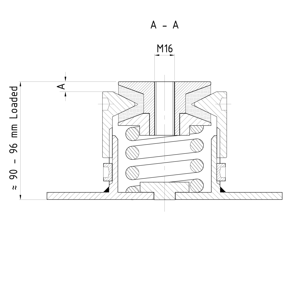 A technical drawing of Vibrates spring isolator VT41XX from the side view