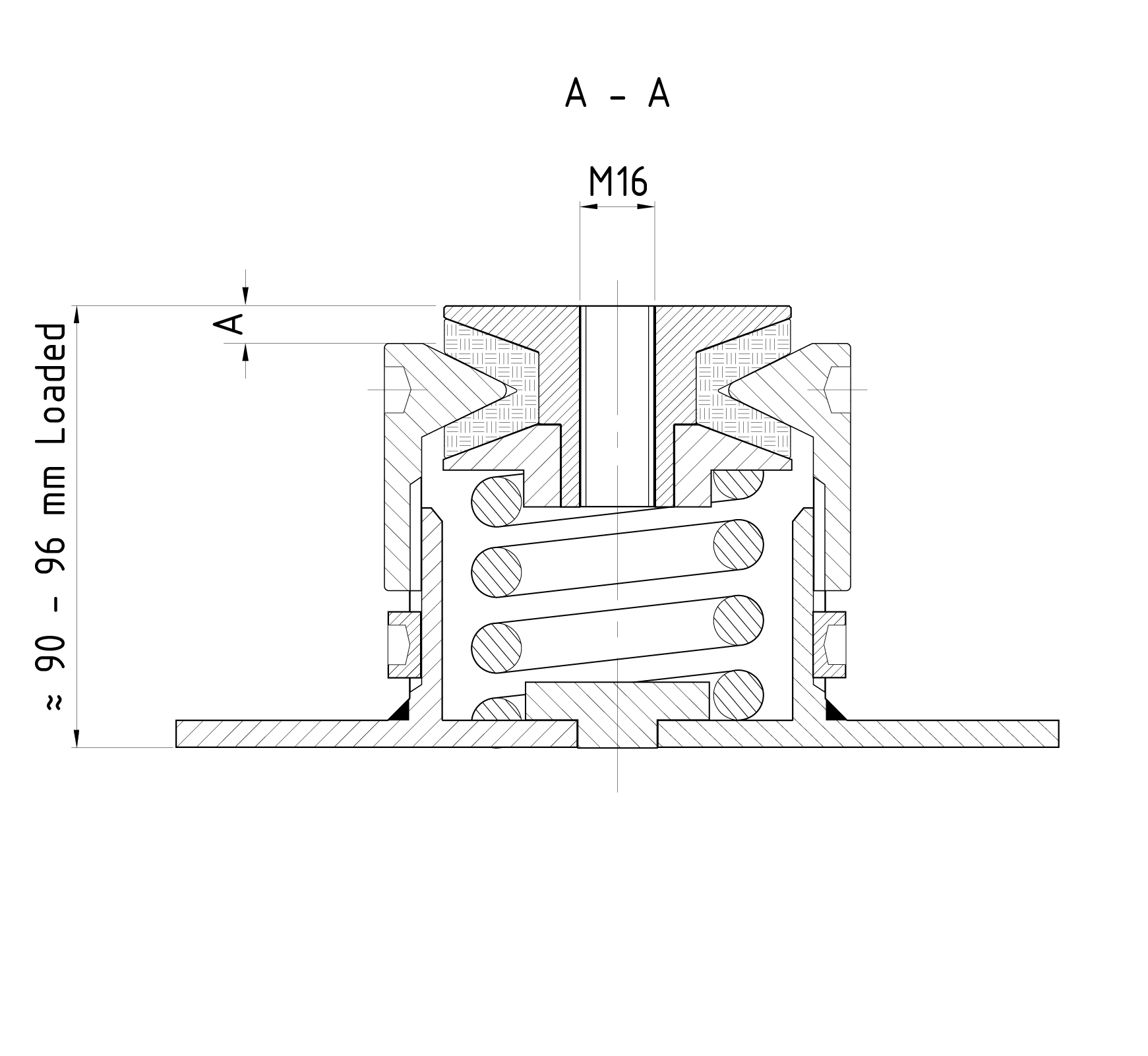 A technical drawing of Vibrates spring isolator VT41XX from the side view