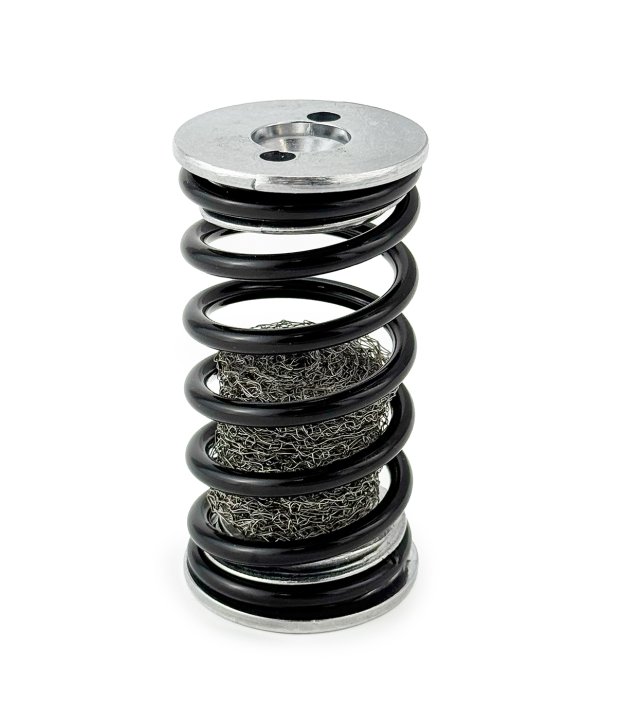 Vibratec fjærisolator VT4414-05. Fjærisolatorene VT4414 og VT4424 er svært myke isolatorer med en egenfrekvens på 3–4 Hz.