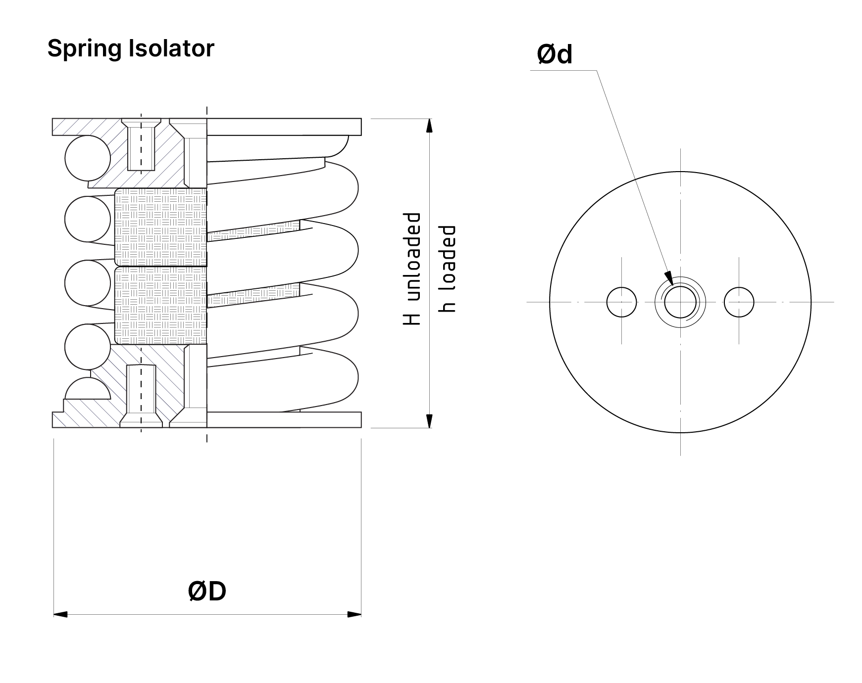 A technical drawing of our VT44XX-DM series spring isolator.