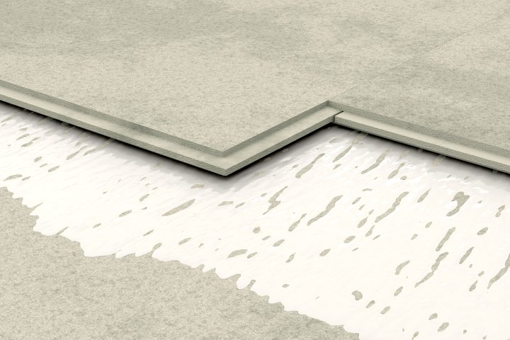 An illustration of our damping glue between två layers of floor boards.