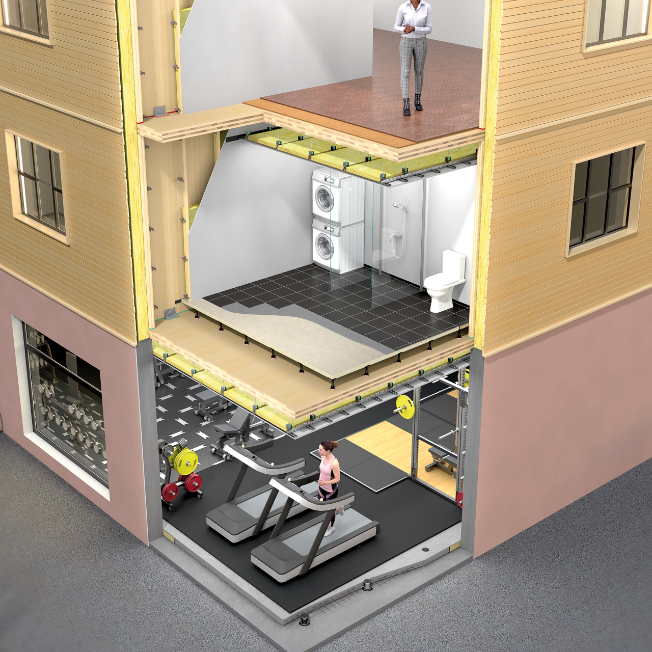 An illustration of a multi-story building with products from Vibratec to reduce vibrations and noise