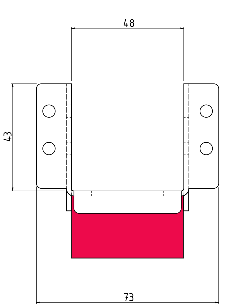 The dimensions of the VT-FFB-Low floor bracket for constructing elastic, floating floors, in markets where wooden joists are 48 mm in thickness.