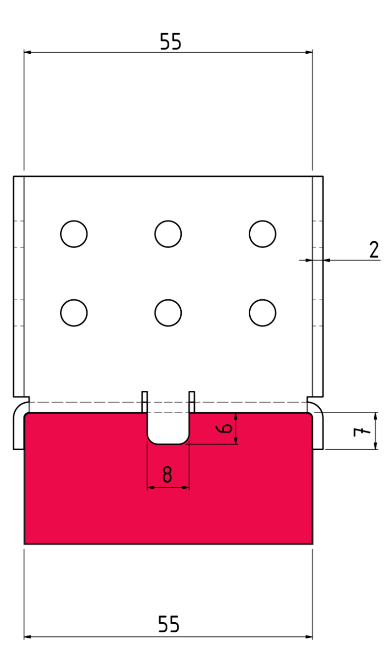 The dimensions of the VT-FFB-Low floor bracket for constructing elastic, floating floors, in markets where wooden joists are 48 mm in thickness.