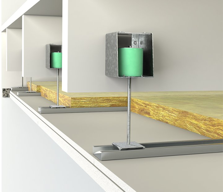 Akustiline ripplagesüsteem VT-MCH. Kinnitus saab kinnitada kahel erineval viisil; ülevalt või küljelt. See on suurepärane omadus, kui ruum on piiratud.