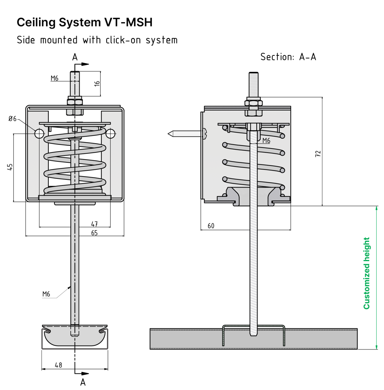 Technical drawing with a front and side view of Vibratec's ceiling system VT-MSH. A spring isolator with a natural frequency between 4-5 Hz, reducing structure borne vibrations from reaching the suspended ceiling framework.