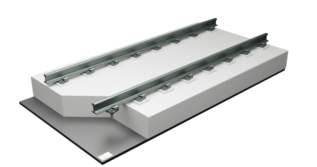 Novodamp mats underneath slab track system: It gives elastic support and vibration isolation to rail infrastructure.
