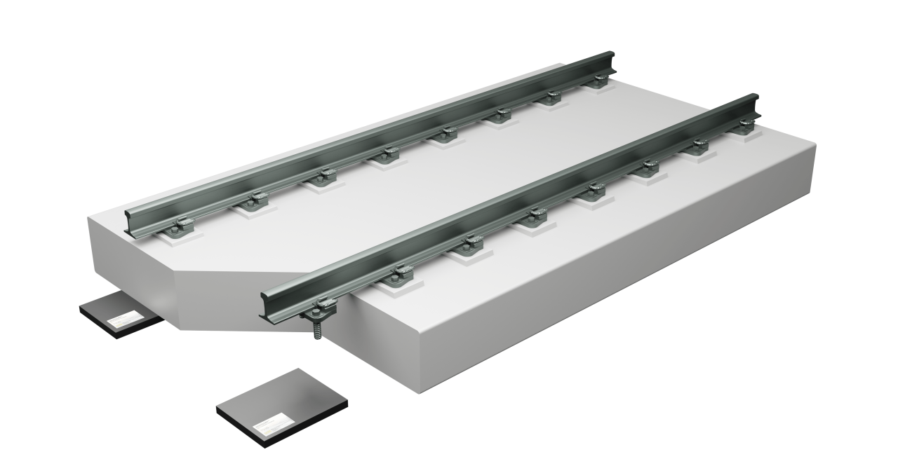 Discrete Novodamp pads underneath slabtrack: It gives elastic support and vibration isolation to rail infrastructure.