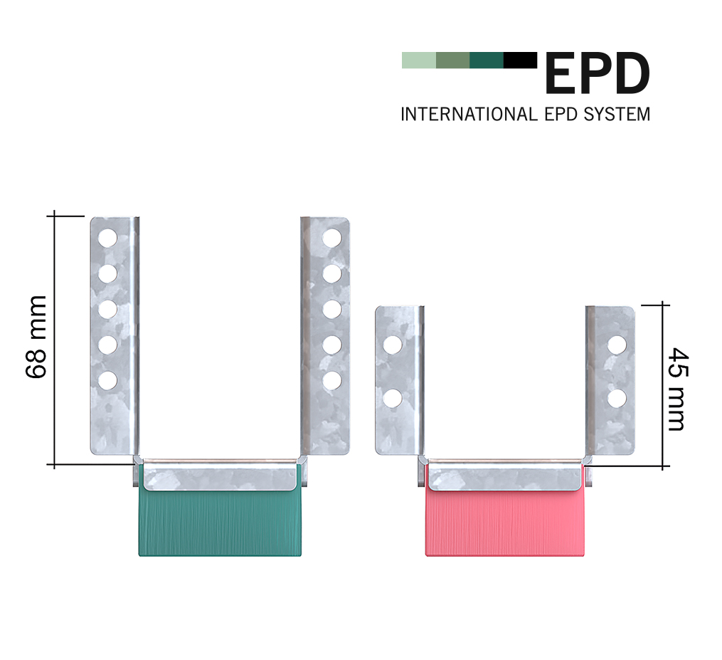Vibratec's flexible floor bracket VT-FFB for constructing elastic, floating floors, in markets where timber joists are 45 mm in thickness. This bracket comes in two versions depending on the size of your floor joists. In this image the elastic pad is 25 mm thick. An EPD-certified product.