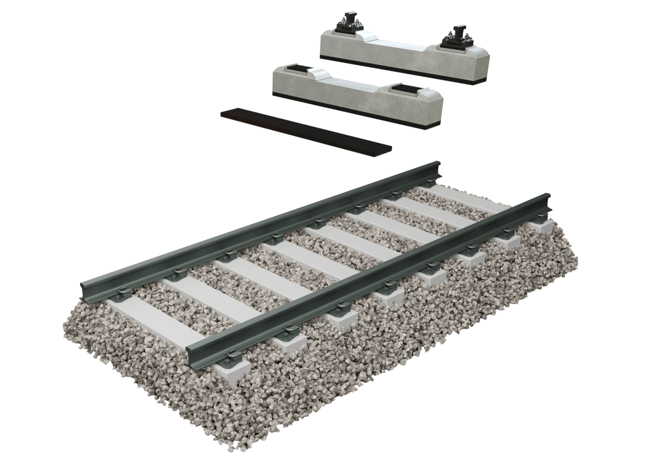 Novodamp strips under concrete sleepers for vibration isolation: It gives elastic support and vibration isolation to rail infrastructure.