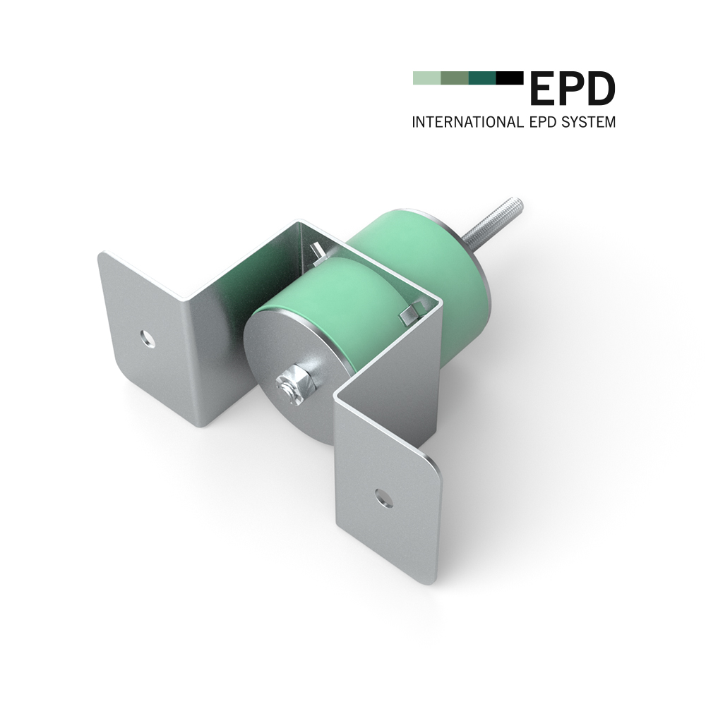 An acoustic wall mount VT-WH used to decouple walls from the main structure to reduce unwanted structure borne noise. An EPD-certified product.