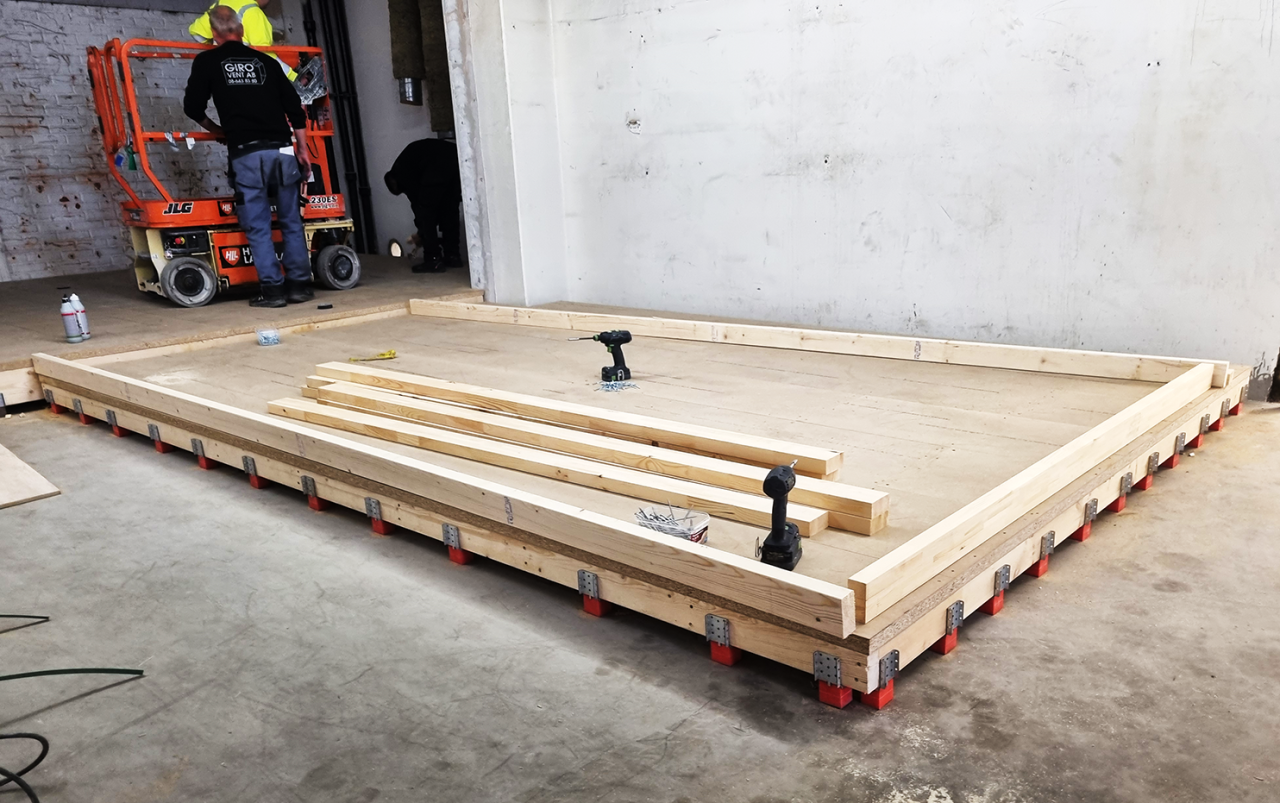 Image of floor construction with Vibratecs floor system flexible floor bracket VT-FFB